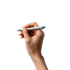 A hand holding a silver pen, writing