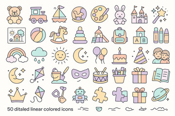Fototapeta premium Kids Toys and Childhood Icons – Linear Colored Set for Play and Learning Design