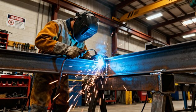Skilled welder performing MIG welding on steel components creating precise clean joints with intense blue sparks in a welllit industrial workshop setting.