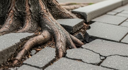 Tree Roots Breaking Pavement showing Infrastructure Damage used for Urban Planning, Civil Engineering, Construction Websites, Environmental Awareness, and Ecological Balance Concepts