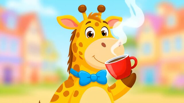 Cartoon giraffe enjoying hot beverage colorful illustration