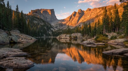 Fototapeta premium Warm sunlight illuminates the mountain landscape reflecting on the calm waters of the lake.