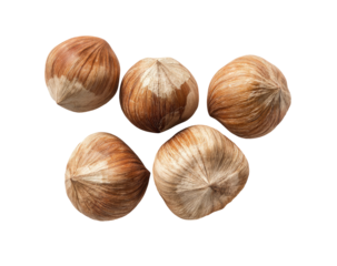 Close-up of five whole hazelnuts arranged in a loose cluster.  Each nut displays a light brown, ridged shell with a pointed apex.  Natural light highlights the textured surface