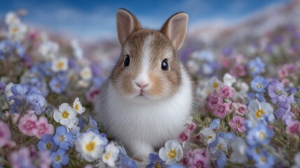 A cute rabbit sits among colorful flowers in a vibrant field. The fluffy fur and bright eyes capture the essence of spring. Perfect for nature lovers and animal enthusiasts. AI