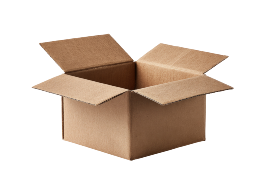 Open cardboard box.  Empty inside.  Light brown color