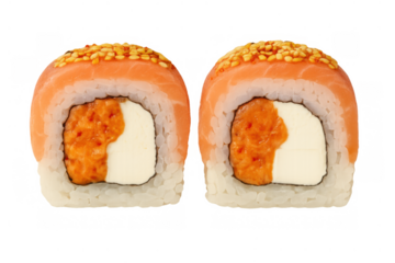 Freshly made sushi rolls featuring a salmon topping, creamy cheese, and rich spicy filling, ready for display