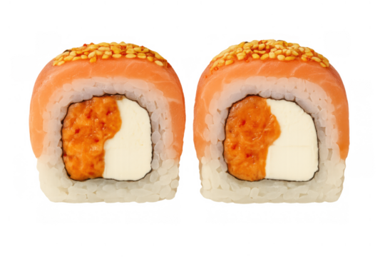 Freshly made sushi rolls featuring a salmon topping, creamy cheese, and rich spicy filling, ready for display