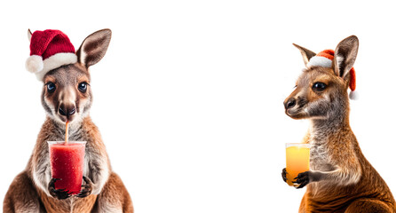 2 cute kangaroos wearing santa claus hat and drinking colorful cocktails; realistic australian christmas animal characters isolated over white (transparent)