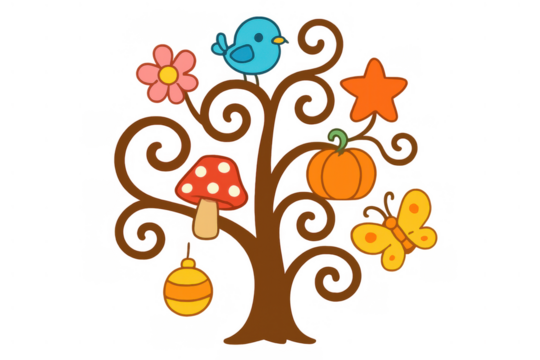 Whimsical four seasons nature tree illustration with diverse elements representing different times of year, transparent background - Powered by Adobe