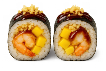 Shrimp and mango sushi rolls with crispy topping and sauce, fresh maki on transparent background, japanese cuisine