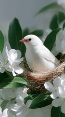 A delicate white bird rests peacefully in a cozy nest surrounded by fresh white flowers and lush green leaves. This serene composition captures the beauty of nature and tranquility. AI