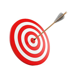 An arrow hitting the bullseye in a red and white target, achieving a perfect shot, isolated on transparent background
