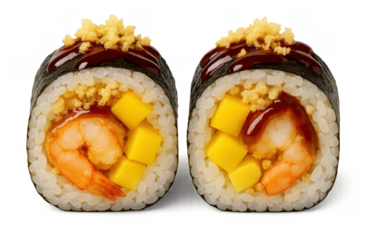 Shrimp and mango sushi rolls with crispy topping and sauce, fresh maki on transparent background, japanese cuisine