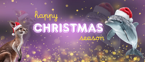 australian happy christmas season banner with wibrant violet (purple) and golden stardust background, text and cute santa animals in santa hat