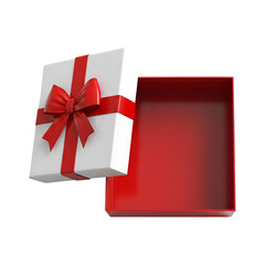 An open gift box with a red ribbon and bow, revealing its empty interior, isolated on transparent background