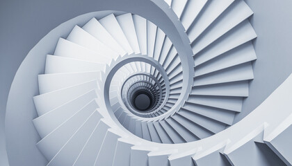 A mesmerizing spiral staircase with clean white lines twisting downward, creating an abstract, geometric perspective that captivates the viewer.
