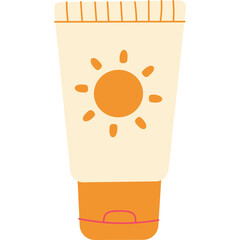 Illustration of a sun protection cream tube with a stylized sun design on a beige and orange container representing skincare for sunny days