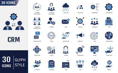 Customer relationship management CRM icon set. Containing icons: marketing, data, report, strategy, manager, audience and more. Vector illustration