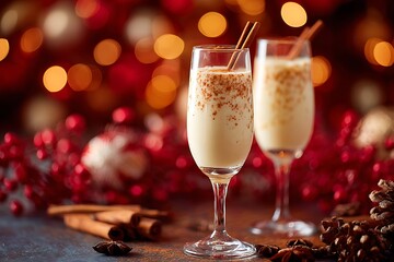 Two elegant flutes of creamy eggnog dusted with nutmeg and garnished with cinnamon sticks, set against a festive, bokeh-filled background of red and gold Christmas decorations.