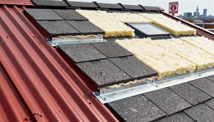 Detailed medium shot of a rooftop featuring mixed fireresistant materials demonstrating versatile solutions for firesafe construction in vulnerable areas