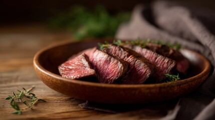 A beautifully plated dish featuring sliced steak on a rustic wooden table. The meat is garnished with fresh herbs. Perfect for food photography and culinary art. AI