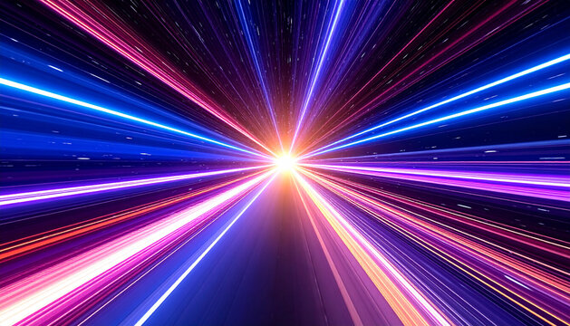 neon hyper flight through hyperspace stars, time warp travel in space. Conceptual illustration of futuristic journey
