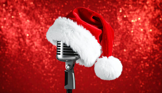 santa claus hat on microphone on shiny celebration red background