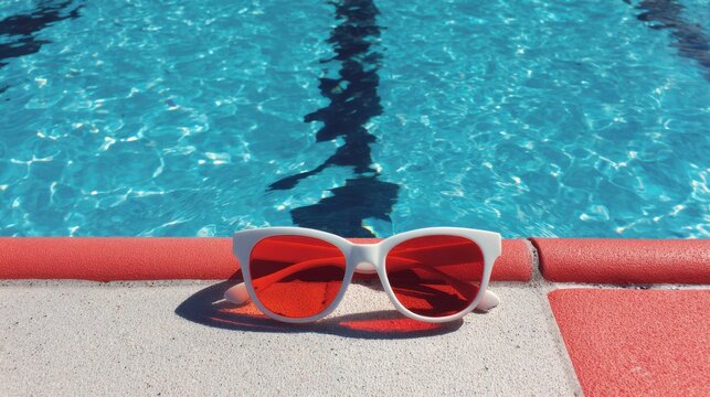 Orange tinted sunglasses sit on the edge of a sparkling pool under a clear blue sky.