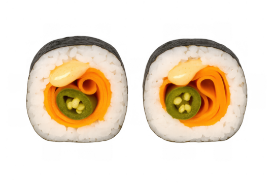 Sushi maki rolls with jalapeño, carrot, rice, and nori, creating a flavorful vegan, spicy japanese food dish