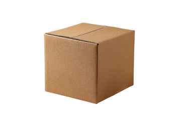 A closed, light beige cardboard box, square in shape, sits isolated on a black background.  The box has a simple, unadorned surface, and a visible crease/line down the middle