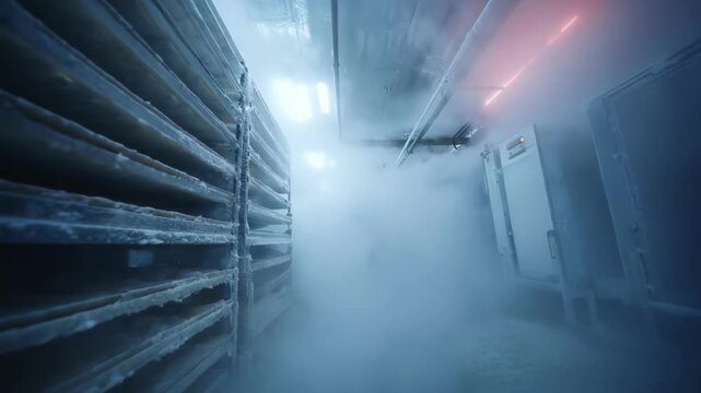 Medium shot of a technician inspecting products inside a blast freezer surrounded by frostcovered racks and industrial freezing equipment.
