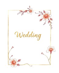 A powerful, elegant golden rectangular frame accented by delicate hand-drawn coral and pink flowers, perfect for wedding invitations or announcements.