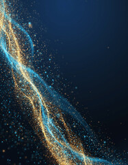 Fototapeta premium Golden and blue cosmic dust flows and sparkles against a dark background, enhanced with Gigapixel v8.4.4 