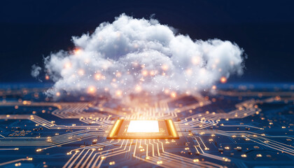Futuristic glowing cloud symbol over digital circuit board background representing cloud computing technology
