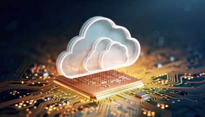 Futuristic glowing cloud symbol over digital circuit board background representing cloud computing technology
