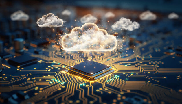 Abstract visual representation of digital marketing. Glowing cubes connected by network on circuit board. Data transfer, processing, analysis. Modern tech, cloud service, blockchain, database