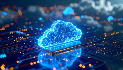 Futuristic glowing cloud symbol over digital circuit board background representing cloud computing technology
