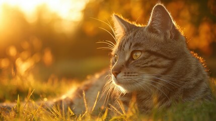 Obraz premium A tabby cat relaxes in a sunny meadow basking in the warm glow of a stunning sunset.