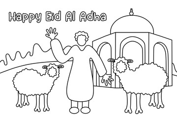 Coloring page for children in Eid al-Adha theme. A man and two sheeps in front of mosque. Islamic theme.