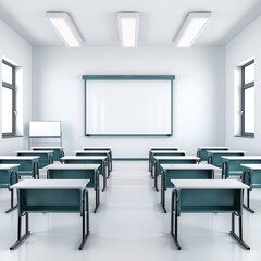 Empty classroom with desks arranged neatly and a whiteboard at the front.