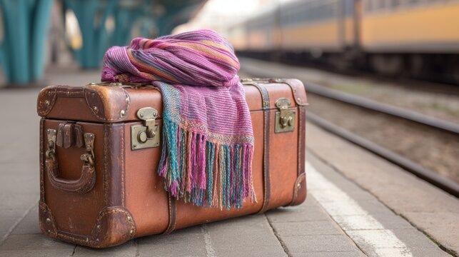 A classic suitcase sits by the train tracks wrapped with a vibrant scarf evoking wanderlust and adventure.