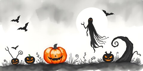 A powerful, charming hand-drawn illustration featuring jack-o'-lanterns, a whimsical ghost, and bats flying against a large white moon and misty background.
