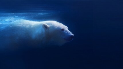 A majestic polar bear swims gracefully in a deep blue underwater scene. The contrast highlights the beauty of nature. Perfect for wildlife enthusiasts and educational content. AI