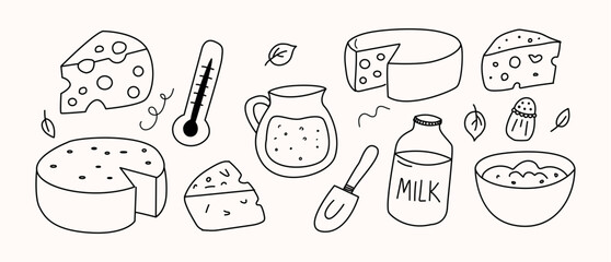 Hand drawn cheese making set . Dairy products line art illustration . Minimalist black and white cheese clipart