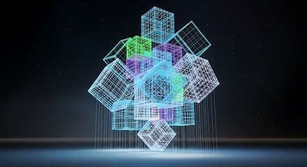 Abstract digital composition of interwoven geometric wireframe cubes floating in dark space
