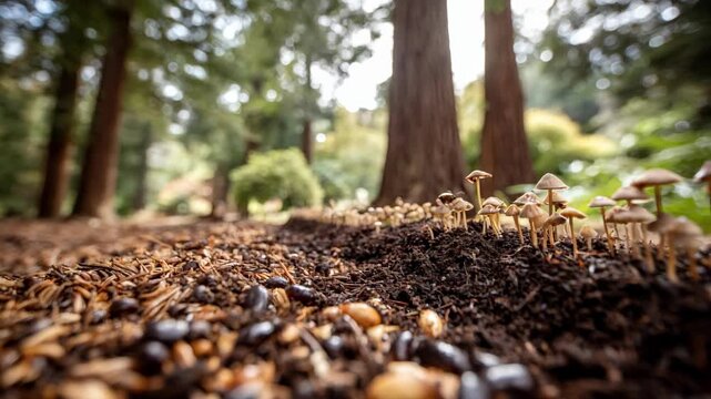 Medium shot of rich soil layers showing diverse fungi networks enhancing carbon storage for climate mitigation efforts.