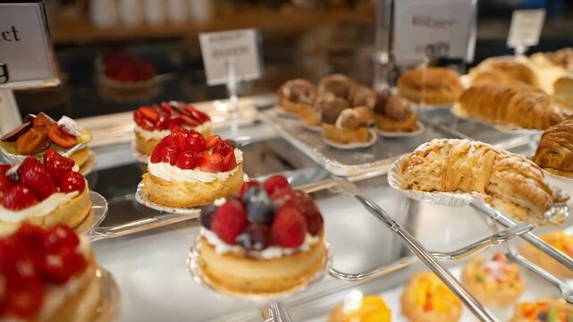 Medium shot of a modern touchscreen display case showcasing vibrant pastries with interactive menu options in a sleek glossy environment.