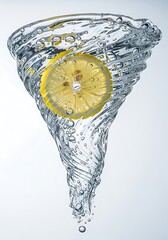 Citrus slice cascading down through swirling clear water vortex