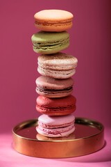 A tower of assorted macarons, stacked on a circular gold base, are displayed against a pink background. The pastries include orange, green, beige, and pink hues