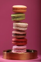 Colorful macarons are stacked one atop the other, standing tall on a gold plate. The background is a matching pink, giving a fun and sweet sensation